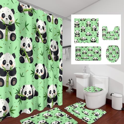 Cartoon Kawii Baby Panda Shower Curtain Sets 4 Piece,Cute Spring Forest Bamboo Trees Bathroom Decor Sets with Rugs,Funny Animal Panda Bears Waterproof Toilet Lid Cover Bath Mat