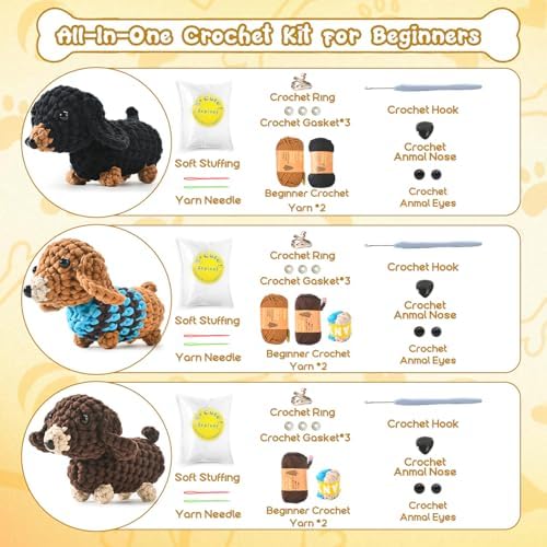 Zummipals Crochet Kit for Beginners, Easy Crochet Kit for Adults w Step-by-Step Vid Tutorials, Beginner Knitting Kit, Makes Crochet Animals Dachshund Crochet Kits, Ideal Crochet Gifts (30% EX Yarn)