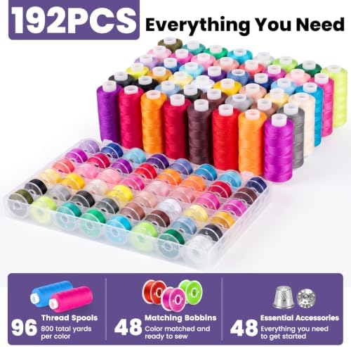 Actmuen 192PCS Sewing Thread Kit, 48 Colors, 96 Thread Spools, 48 Bobbins & Accessories,Polyester Set for Hand & Machine Sewing,Quilting, Repairs and DIY Crafts