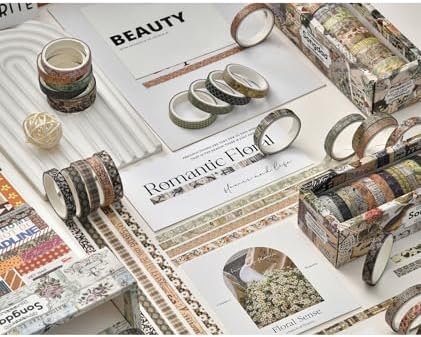 Vintage Skinny Floral Washi Tape Set 20 Rolls -Retro Antique Patterns Masking Thin Basic Decorative Tapes for Arts, DIY Crafts, Bullet Journal, Planner, Scrapbook Decor, Gift Wrapping, Junk Journal