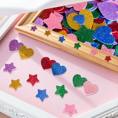 280 Pcs Glitter Foam Stickers Colorful Foam Stars and Hearts Self-Adhesive Stickers for DIY Scrapbooks Greeting Cards Arts Craft Supplies Christmas Birthday Holiday Party Decor