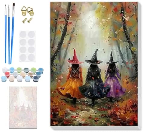 SENQAO Witch Paint by Numbers Kit for Adults Beginner, Fall Adult Paint by Number Kits on Canvas, DIY Acrylic Oil Easy Painting by Numbers for Home Wall Decor 8X12 inch (Fall Forest Witch)
