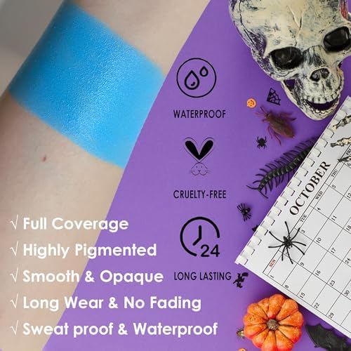 SUNNYVALE Halloween Light Blue Face Body Paint Stick Crea,Sweatproof Eye Black for Adults Sports, Hypoallergenic Grease Foundation Makeup for Nightmare Corpse Bride Avatar Sally Cosplay Costume