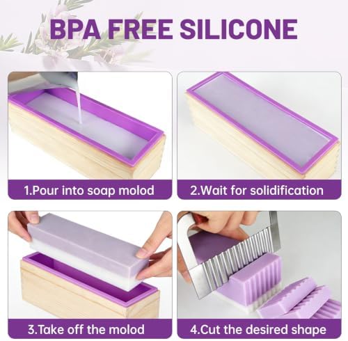 Soap Molds Kit, 42 oz Silicone Soap Loaf Mold with Wooden Box, Soap Making Kit for Homemade Soap and Crafts (Purple, 2 Silicone Mold and Wood Box)