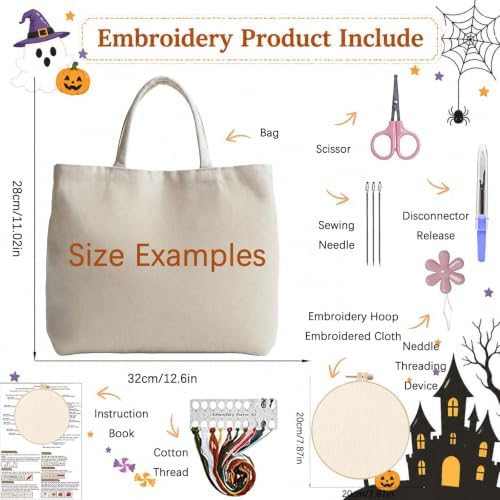 ARTopet Embroidery Tote Bag Kit for Beginners Halloween Canvas Cross Stitch Handbag with Hoops Needles Threads Reusable Grocery Bag for Women-Ghost Pumpkin