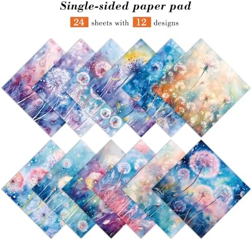 24 Sheets Scrapbook Paper Pad Cardstock, 6 x 6 Inch Colorful Dandelion Patterned Designed Decorative Decoupage for Card Making Folded Material Gift Wrapping Journals DIY Crafts Photo Album