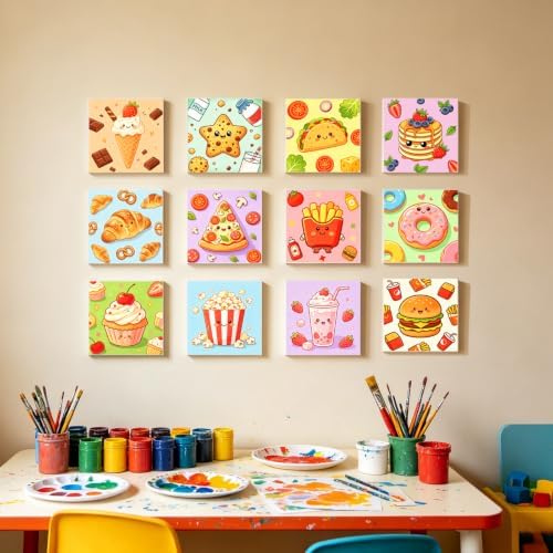 12 Packs Food-Themed Pre Drawn Canvas to Paint, Pre Printed Canvas for Painting, Pre Stretched Canvas Outline Painting Boards for Beginners, Students, Party Favors（4 * 4inch）