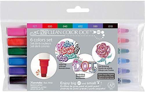 Kuretake CLEAN COLOR DOT Dual tip markers 6 colors set, 0.5mm fine tip and a flexible dot tip, for Journals, Crafts, Illustration, Lettering, Planners, for Adult, Kids, Made in Japan