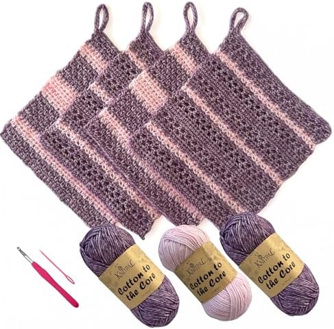 KnitPal Dishcloth Crochet Kit for Beginners (Plum Purple + Blush Pink)