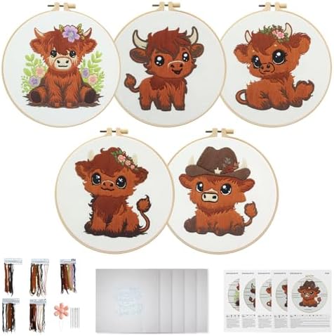 Kuabiz 5 Sets Highland Cow Embroidery Kits for Beginners Cross Stitch Kit for Adults Highland Cow Pattern Embroidery Starter Kit Embroiderys Hoop Needlepoint Kits with Instruction Needles Threads