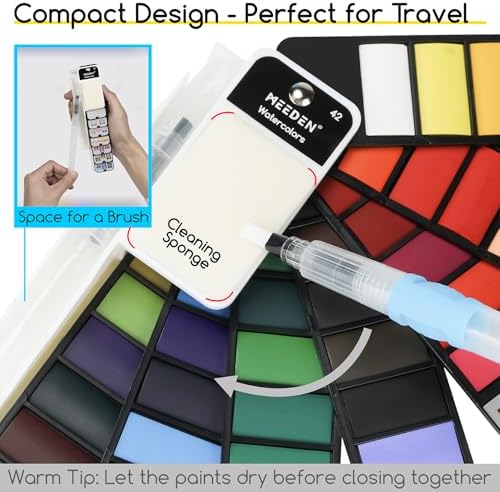 MEEDEN Travel Watercolor Paint Set: Portable 42 Assorted Water Colors Paint Kit with 4 Brushes