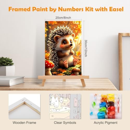 MOGTAA Fall Paint by Numbers Kit for Adults Beginners with Frame, Hedgehog Adult Paint by Number Kits on Canvas with Easel, Easy DIY Autumn Oil Painting Kits for Home Decor, 8x12in