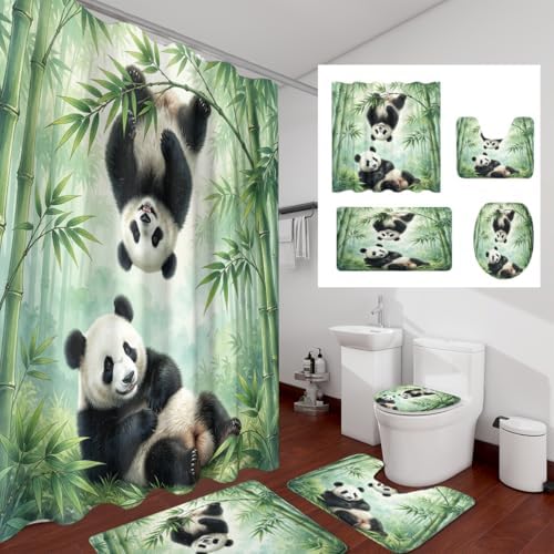 Oil Painting Animal Panda 4Pcs Shower Curtain Sets,Watercolor Spring Forest Bamboo Trees Bathroom Decor Set,Funny Cute Panda Bears Toilet Lid Rug, Bath Mat and Contour Mat