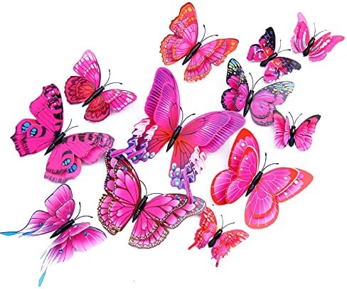 OPSEAM 3D Butterfly Wall Decor Butterfly Decorations Stickers with Magnets | 24 PCS Purple&red,12 Styles Double Layer Butterfly for Classroom Decoration,Locker Refrigerator, Reusable,Waterproof