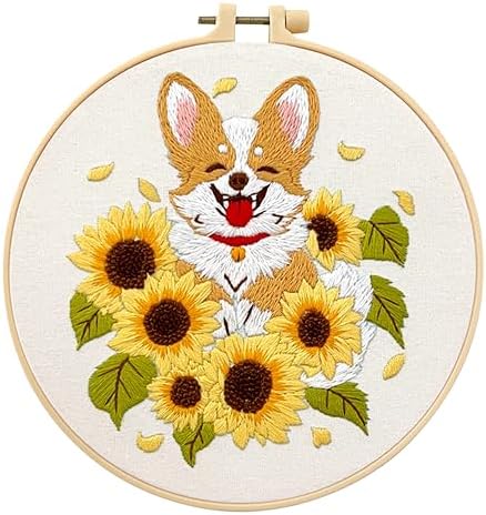 Sunflower Dog Embroidery Kit for Beginners Handmade Gift