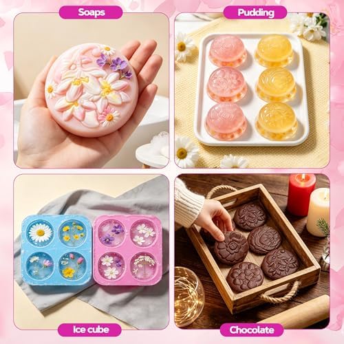 4-Cavities Flower Round Soap Molds 2 Pack Flowers Soap Mold Flower Candle Silicone Molds Flowers Chocolate Mold for Pudding Homemade Craft Wax Baking Ice Cube Tray Jelly