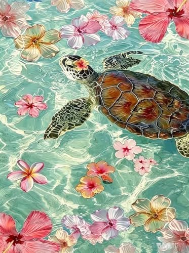Diamond Art Kits for Adults, Ocean Turtle Flower 5D Diamond Painting Kit