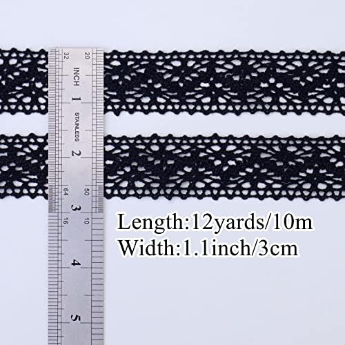 Black Lace Ribbon 12 Yards Cotton Sewing Lace Trim Crochet for Crafts, Gift Package Wrapping, Bridal Wedding Decoration, Scrapbooking Supplies