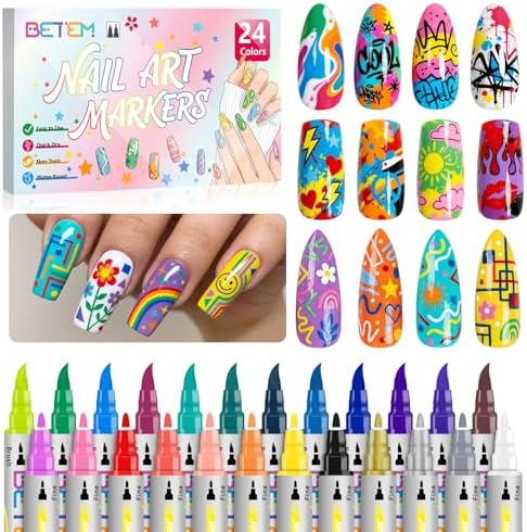 Betem Nail Art Pens Set, Dual Tip 24 Colors Nails Art Markers Non-Toxic, Quick-drying Nail Polish Pens, Acrylic Nail Kit for Home & Salon DIY, Easy French Manicure Tool, Gifts for Mom, Friends