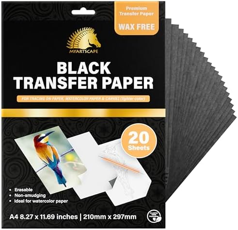 MyArtscape Graphite Transfer Paper - A4 Black 20 Sheets | Wax free graphite transfer paper with reusable erasable sheets for tracing on paper wood canvas and watercolor