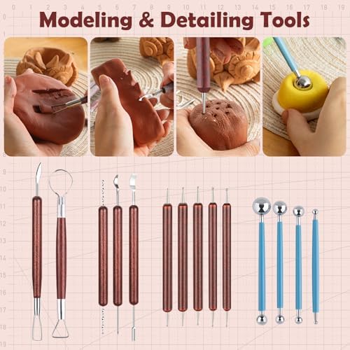 52PCS Pottery Tools Kit for Sculpting, Ceramic Tools, Clay Carving Tools for Polymer Clay, Modeling, Trimming, Molding, Shaping, Pottery Kiln, Arts Crafts Supplies, Adults, Students, Beginners, Pros