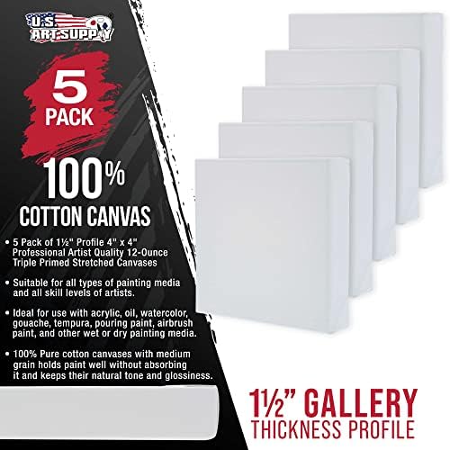U.S. Art Supply 4"x4" Stretched Canvas for Painting, Gallery Depth 5-Pack | Square, 1-1/2" Thick - 12oz Acrylic Gesso Triple Primed, Professional Artist Quality, 100% Cotton - Oil, Pouring Paint