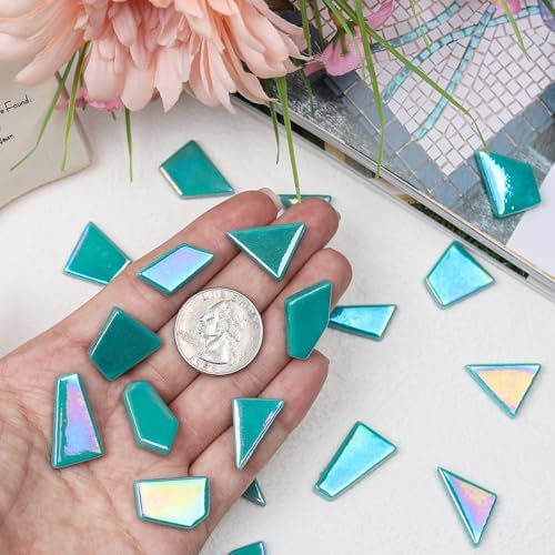 Youway Style Iridescent Teal Glass Mosaic Tiles for Crafs Bulk,200g Broken Stained Glass Pieces for Crafts DIY Mosaic Making Art Decor