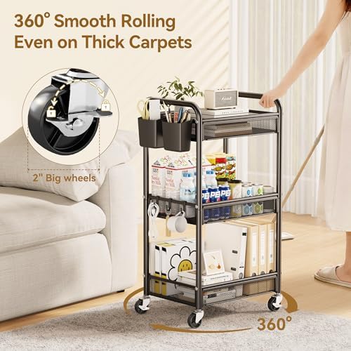 YASONIC 3 Tier Metal Rolling Cart, Black Utility Storage Cart with Wheels | Metal Mesh Craft Cart With Hooks & Hanging Cups, Ideal For Kitchen, Bathroom, Office, Dorm, Art Workspace, Bedside Storage