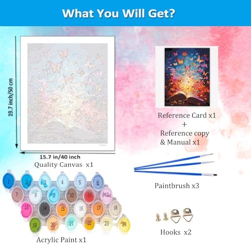 Artunion Book Theme Paint by Numbers Kit for Adults,Butterfly Paint by Number Kits, DIY Oil Painting Paint by Number Kits on Canvas Arts Craft for Home Wall Decor 16x20 Inch