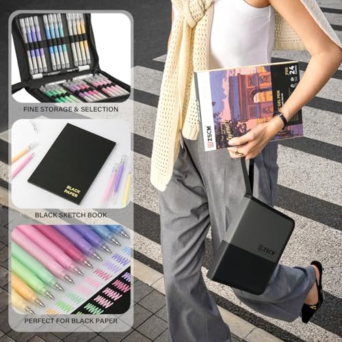 ZSCM 24 Colors 3D Acrylic Gel Pens & Black Paper Sketchbook for Drawing