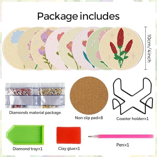 DOTSOPS 8 Pcs Flowers Diamond Art Coasters for Adults with Holder 4 in