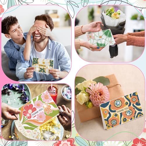 Saillong 12 Pack Thank You Diamond Painting Greeting Card Kit DIY Spring Flower Diamond Art Cards with Envelope Teacher Appreciation Gift 5D Rhinestones Painting Making Kit for Adult Teacher DIY Craft