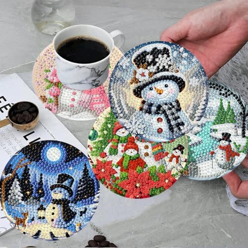 ijbnhd 8 PCS Christmas Diamond Art Coasters Christmas Snowman 4x4 inch