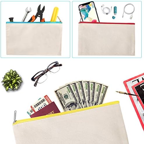 12 Pieces Cotton Canvas Makeup Bag, Multipurpose Cosmetic Bag with Zipper Travel Toiletry Pouch, Blank DIY Craft Bag (Beige, XL)