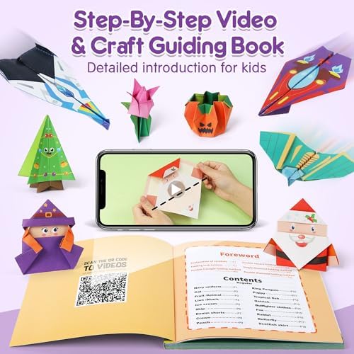 Mocoosy 320 Sheets Origami Kit for Kids Ages 5-8 9-12, Folding Paper Set with Origami Book & Paper Airplane, DIY Art Craft Project for Boys Girls, Travel Game Airplane Car Road Trip Activity Toy Gift