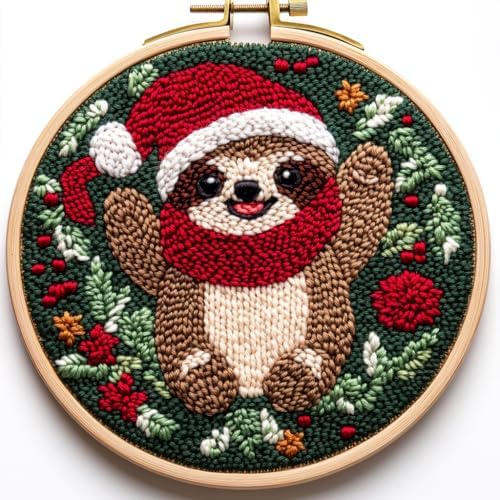 DIY Punch Needle Kits Cartoon Sloth with Christmas with Hoop 20x20cm-3
