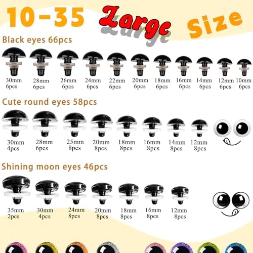 CSCHENGO 402Pcs 8 Colors 10-35mm Amigurumi Craft Eyes & Noses - 3 Styles Shiny Crochet Eyes Black Safety Eyes,Safety Eyes for Crocheting Kit with Glasses Tags Pendants, DIY Handmade Craft Figurines