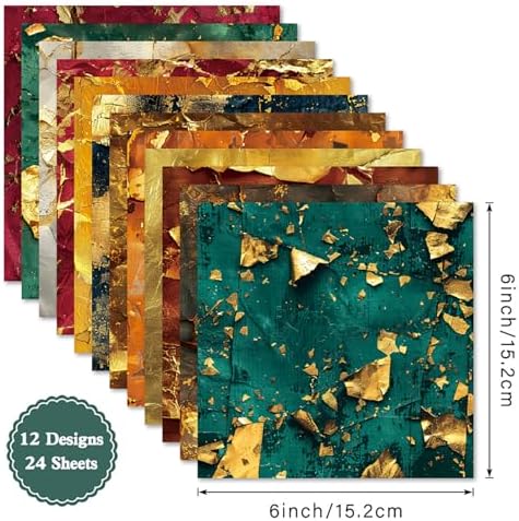 6x6 Scrapbook Paper Pad - Luxury Gold Foil Texture 160gsm Heavyweight Cardstock, 24 Pcs Distressed Metallic Decorative Paper for Scrapbooking, Junk Journal Supplies & DIY Crafts