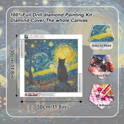 VeGuude Cat Diamond Art Kits for Adults-Starry Night Diamond Painting Kits for Adults Beginners, 5D DIY Full Drill Diamond Painting Cat Gem Art and Crafts Home Wall Decoration 14x14inch