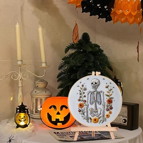 Floral Witch Hat Embroidery Kit Halloween Cross Stitch Material Set with Bat Skull Flower Pumpkin Patterns, DIY Hand Needlepoint Embroidery Craft Kit for Beginners Professional (Spooky Skeleton)