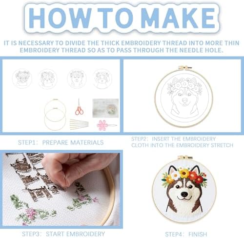 FREEBLOSS 4 Set Embroidery Kit Dog and Flower Stamped Embroidery Starter Kit with Step By Step Instructions, Colored Threads, 2 Hoops, Needlepoint Kits for Hand Craft Lovers Gift, 30cm/11.8inch