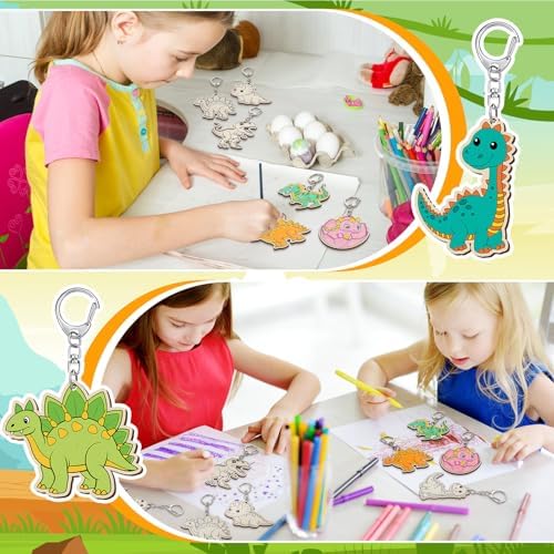 Trnayi 36 Pcs Dinosaur Unfinished Wood Keychain DIY Craft | Dinosaur Wooden Keychain, Color Your Own Unfinished Craft, Blank Wood Painting DIY Craft, for Birthday Home Handcraft Project