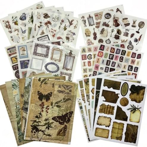 Scrapbook Supplies Kit, 24 Sheets 500+ Scrapbook Craft Paper & Vintage Stickers All-in-One Junk Journaling Set(Vintage)