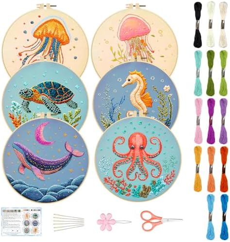 ACRNIGHEET 6PCS Embroidery Kit for Adults Beginners, Sea Animals Embroidery Starter Kit, Stamped Cross Stitch Kits for Crafts Lovers Gift Idea, Include Instructions 6 Stamped Embroidery Cloth 2 Hoop