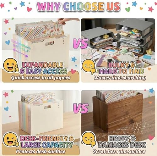 12x12 Scrapbook Paper Storage Organizer with 13 Expandable Pocket, Large Scrapbook Paper Storage for Craft Room Sticker Storage and Organization, Desktop Paper Holder (Cream)