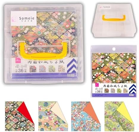 Someie｜Origami Paper｜Origami kit｜Craft｜6 Inch Origami Paper Storage Container ｜double sided Japanese pattern sheets 4pattern×9sheet each total 36 sheets (double sided Japanese pattern)