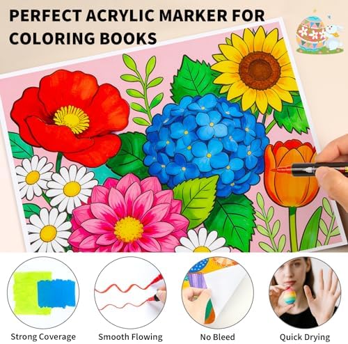 JR.WHITE 48 Colors Dual Tip Acrylic Paint Markers, Acrylic Paint Pens With Brush Tip and Fine Tip For Coloring Book, Rock Painting, Wood, Shell, Ceramic, Stone, Easter Eggs, DIY Crafts