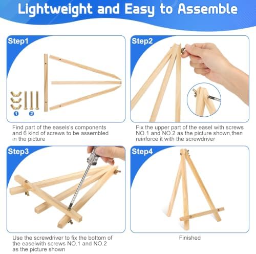 16 Pack 9 Inch Wood Tabletop Easel Canvas Stand Bulk for Painting | Tripod Art & Crafts Easel with Small Paint Brushes, Palettes Set for Sip and Paint Party, Display, Photo Picture Sign Holder