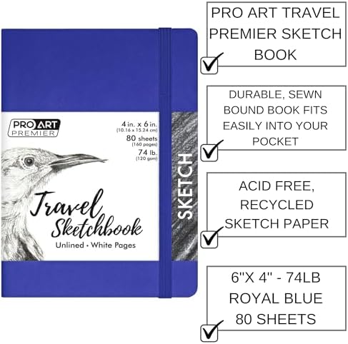 Pro Art Premier Sketch Book Travel 6"x 4" White 74lb Royal Blue 80 Sheets, Sketch Book, Sketchbook, Drawing Pad, Pad, Drawing Paper, Art Book, Paper, Sketchbook for