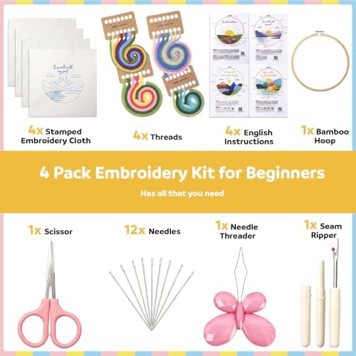 Fanfanwin 4 Pack Christian Embroidery Kit for Beginner Christian Cross Stitch Kits Easy Embroidery with Hoop, Needles, Threads, Instruction, Threads Tools for Hand Craft Lover Women Birthday Gift
